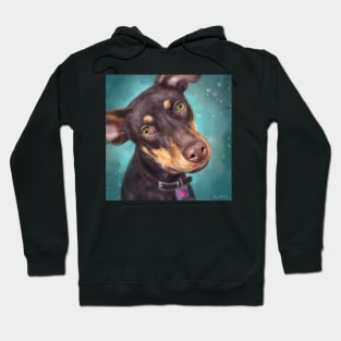 Painting of a Cute Brown an Gold Doberman Pinscher Puppy on Blue Green Background Hoodie